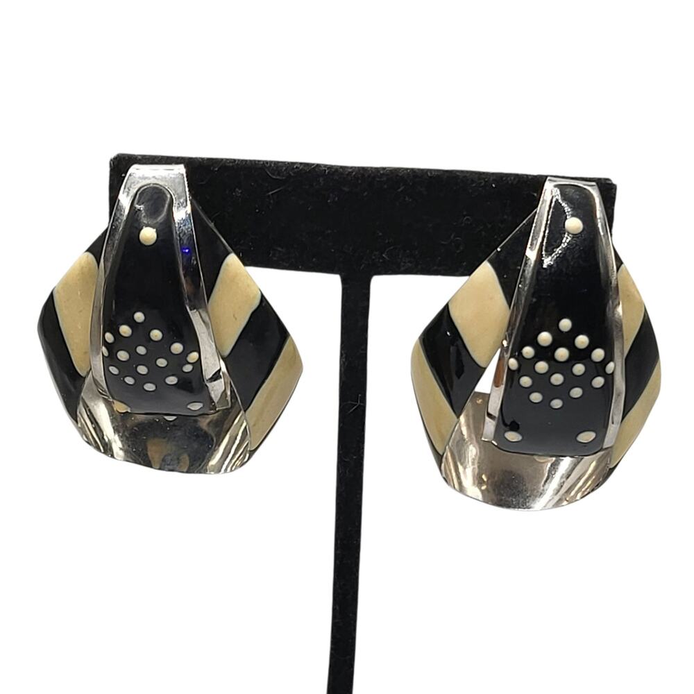 Vintage Abstract Black Silver Statement Earrings 80s 90s